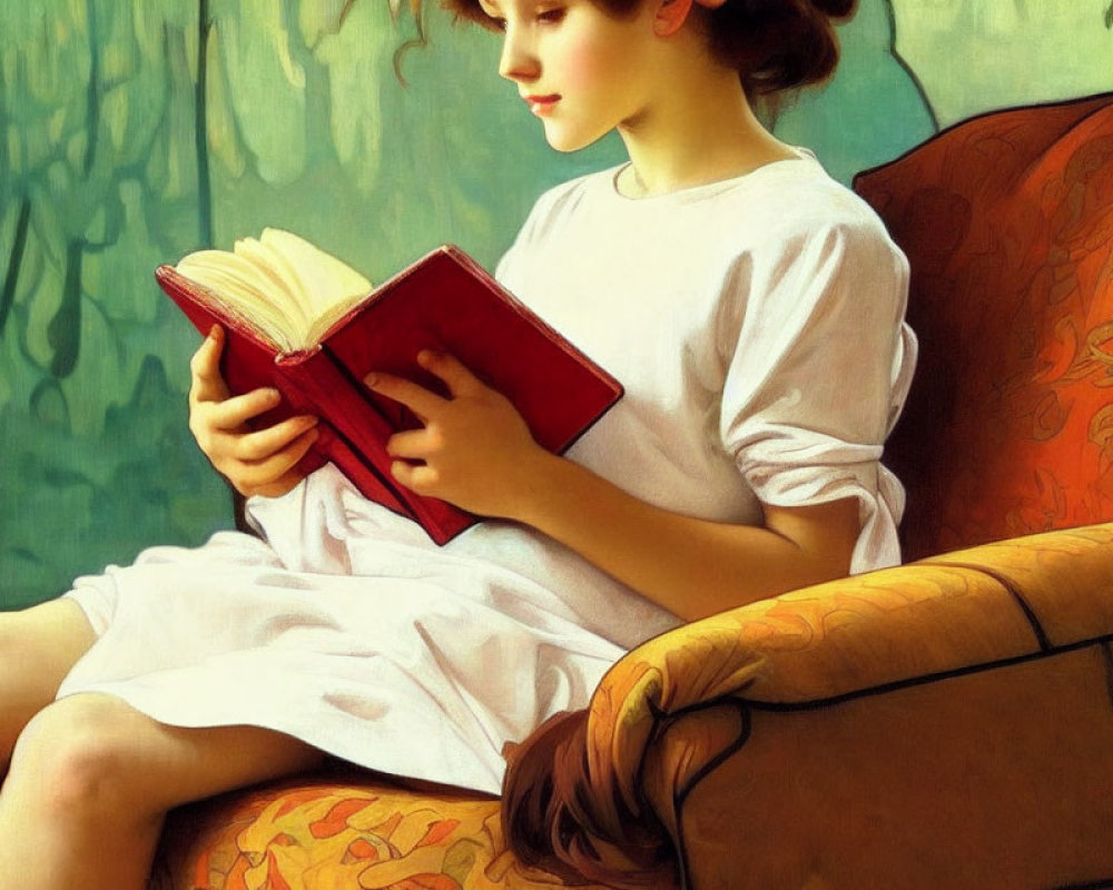 Young girl in white dress reading red book on orange sofa with green backdrop
