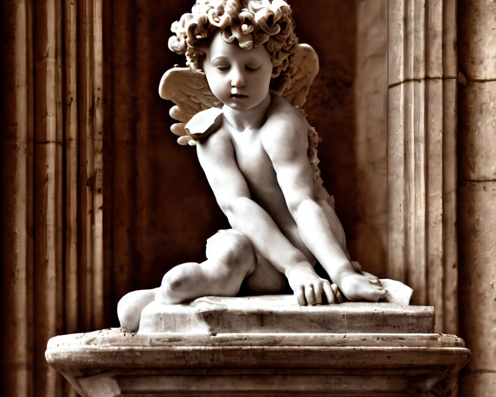 Sepia-toned cherubic stone statue with angelic wings on pedestal against columned backdrop