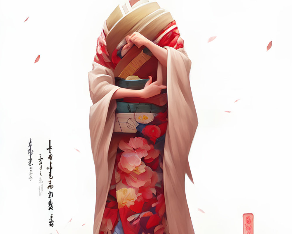 Traditional Japanese Geisha in Floral Kimono with Fan and Falling Petals