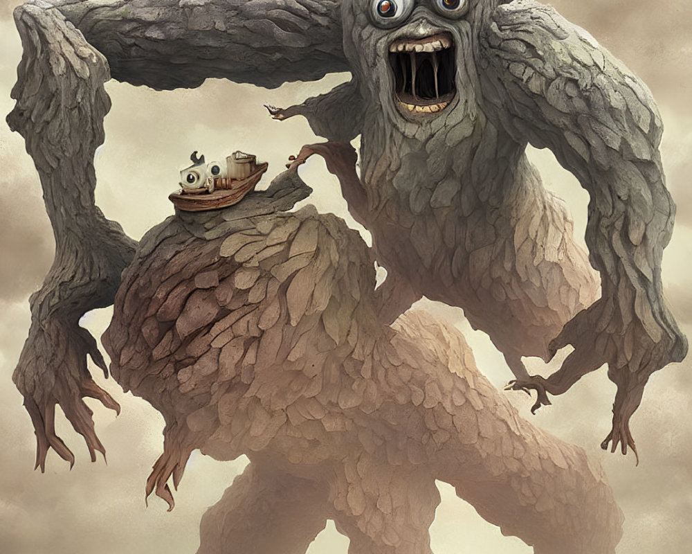 Fantastical image: Large creature with tree-like arms, wide eyes, textured skin, open mouth