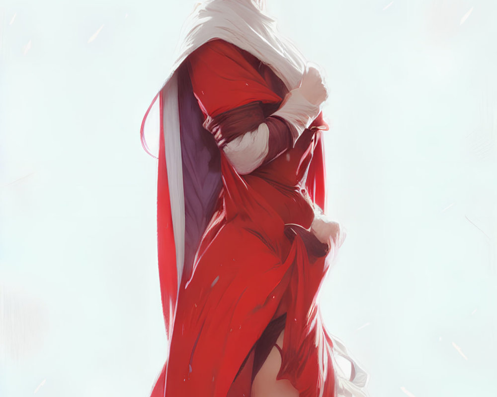 Woman in flowing red dress and white scarf, hair tousled by wind