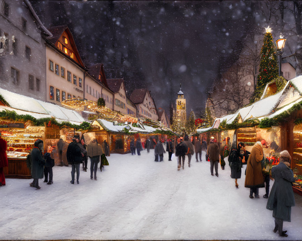 Festive Christmas Market at Dusk with Snow, Lights, and Historical Buildings