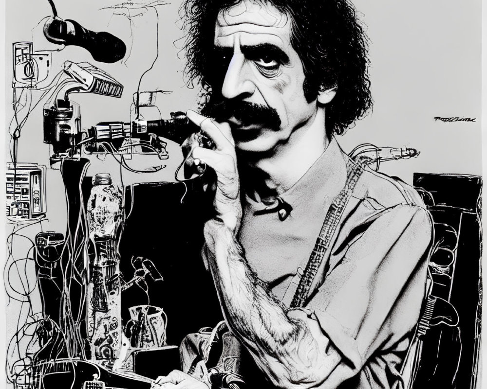 Musician caricature with mustache, microphone, guitar, and electronics