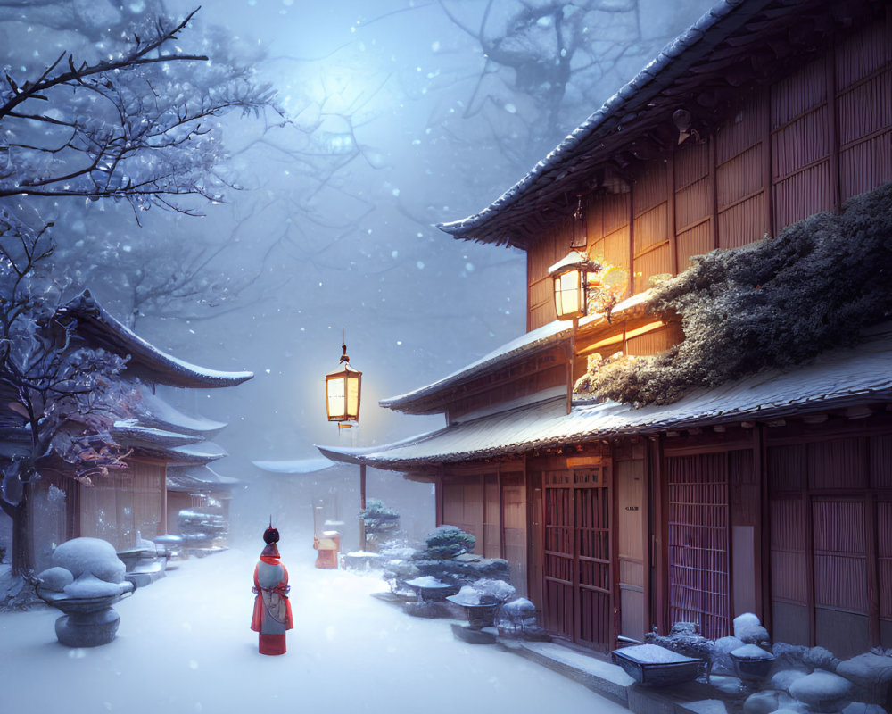 Traditional Japanese house courtyard scene with person in snowy attire