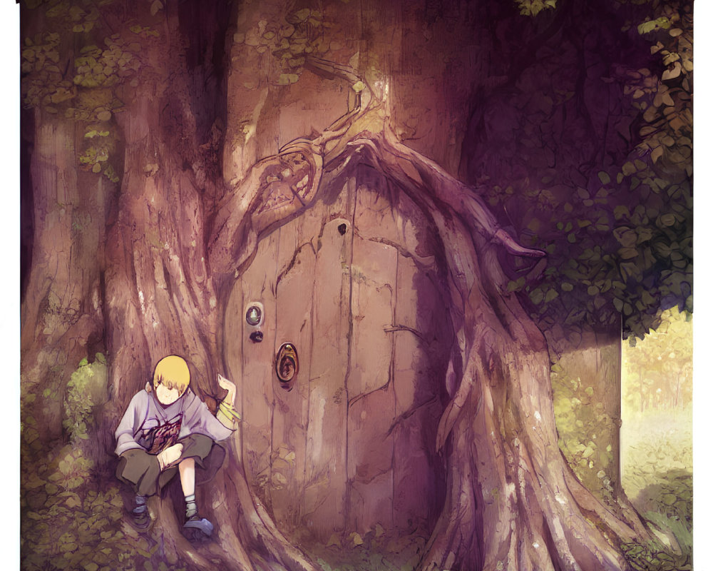 Person reading book beside mystical door in forest clearing
