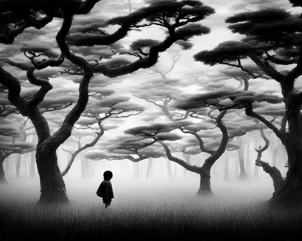 Solitary figure in misty, twisted forest scenery