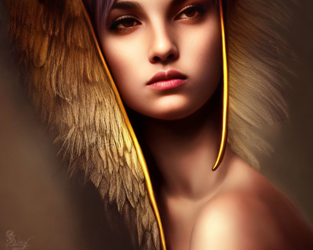 Contemplative person with golden feathered wings on dark background