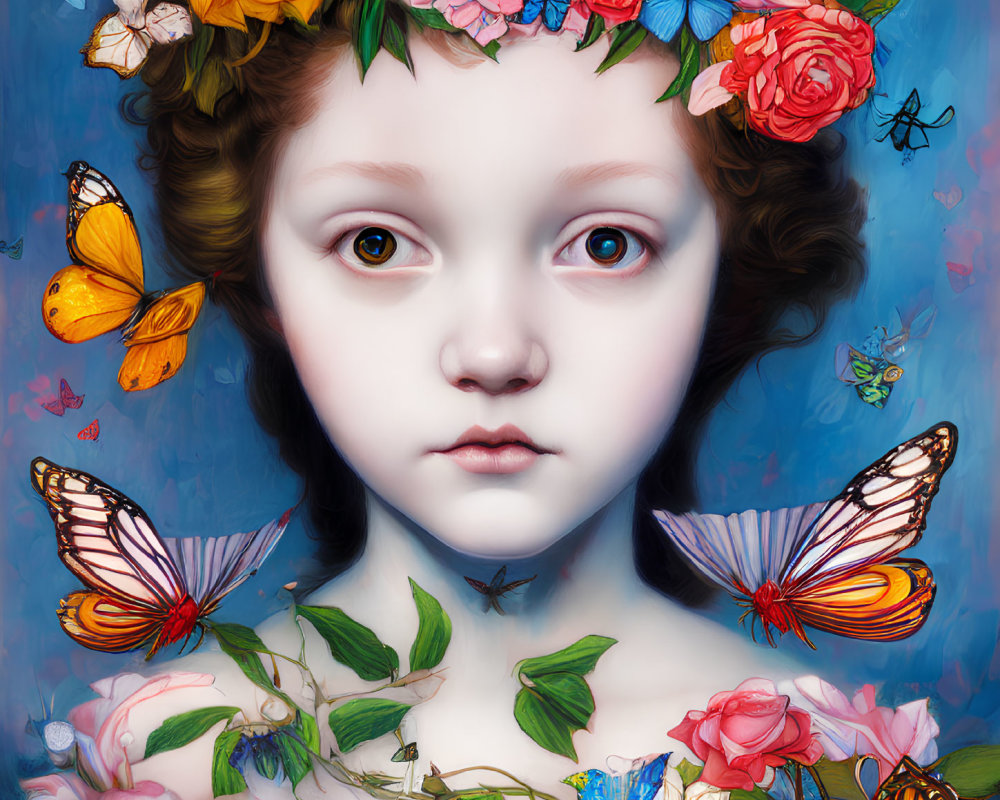 Colorful surreal portrait of young girl with expressive eyes and floral crown, surrounded by vibrant butterflies on blue