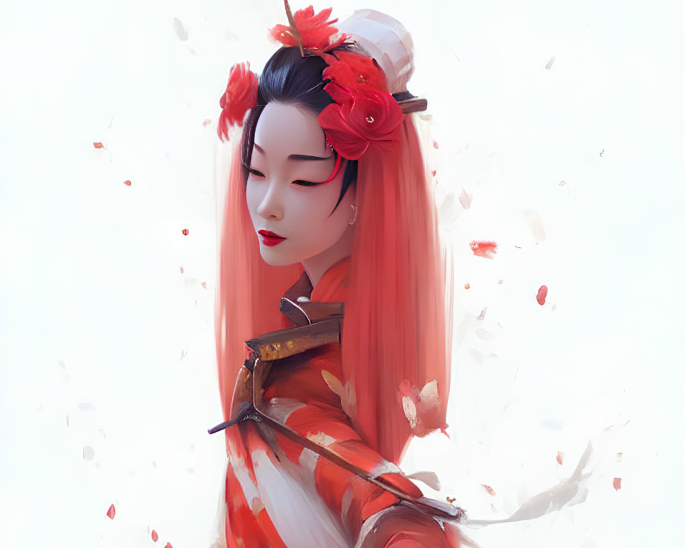 Traditional red attire woman with pink hair and flowers illustration