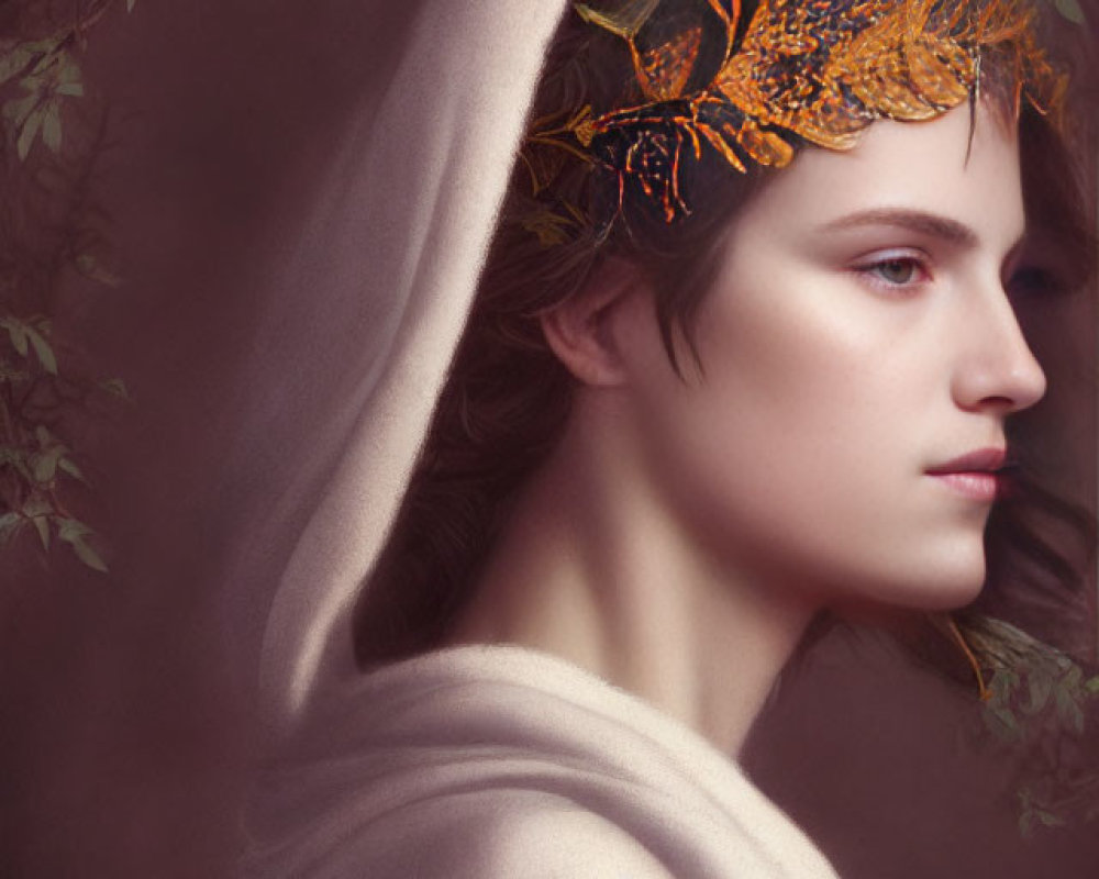 Elegant woman with autumn headpiece in serene botanical setting