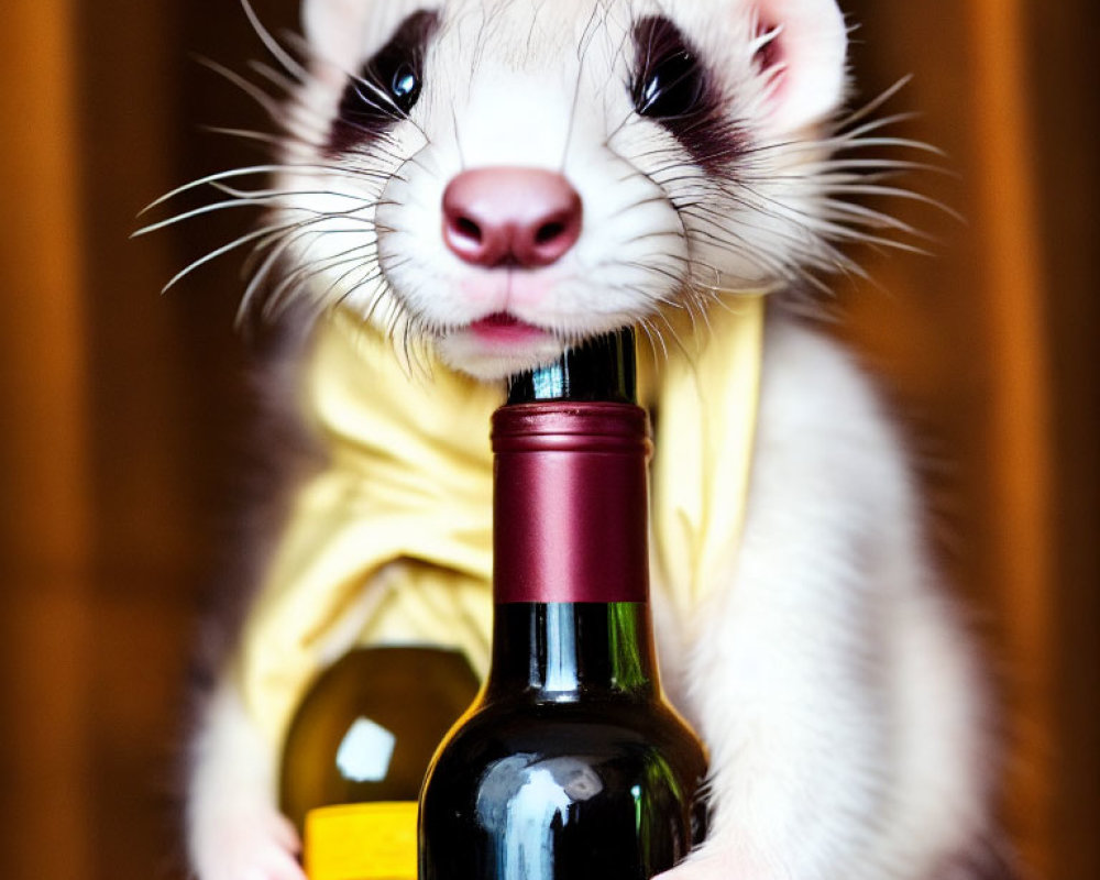 Curious ferret in yellow outfit hugs wine bottle, looking at camera.