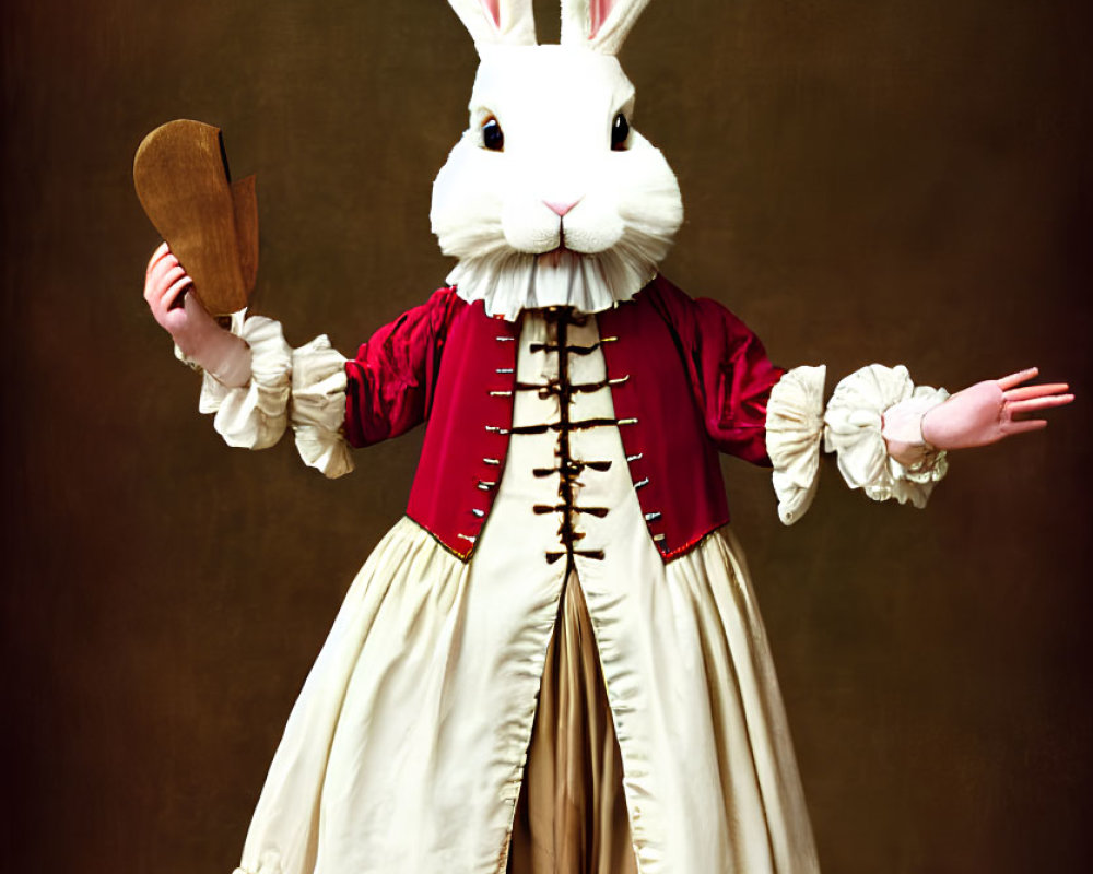 Elaborate Rabbit Head Costume with Red Coat and White Sleeves