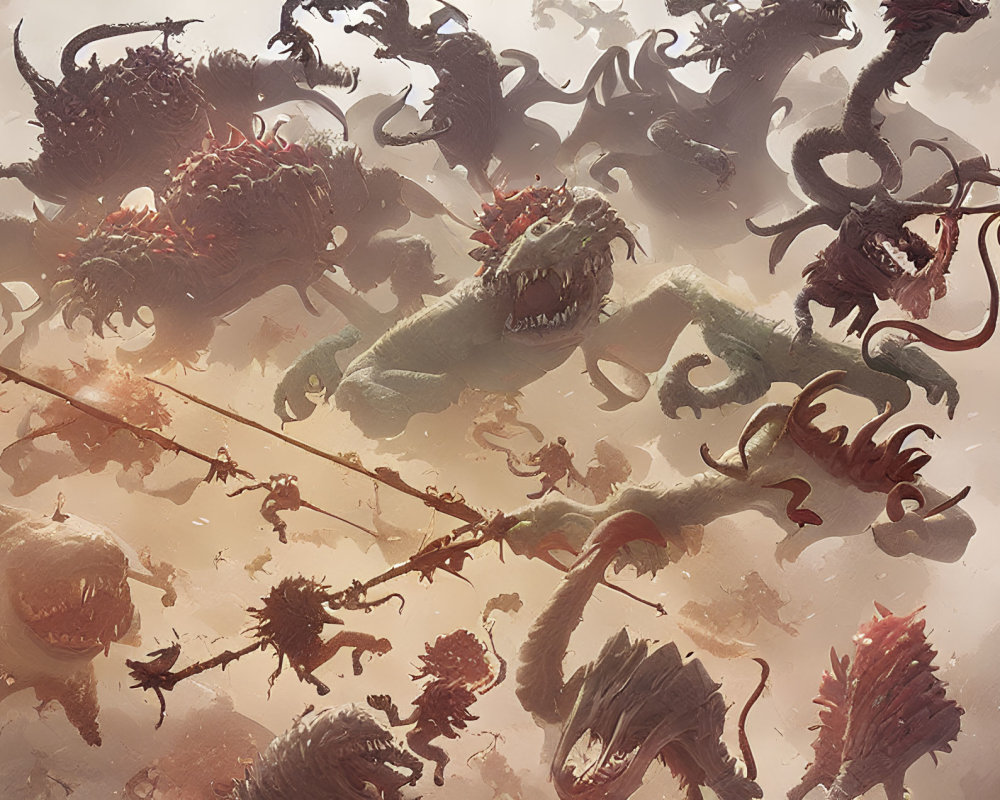 Monstrous creatures and warriors in chaotic battle scene