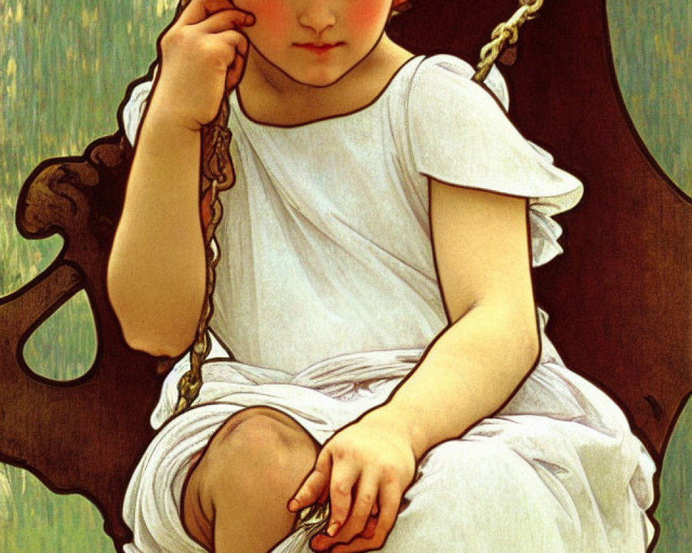 Vintage illustration of young girl on swing in contemplative pose among greenery