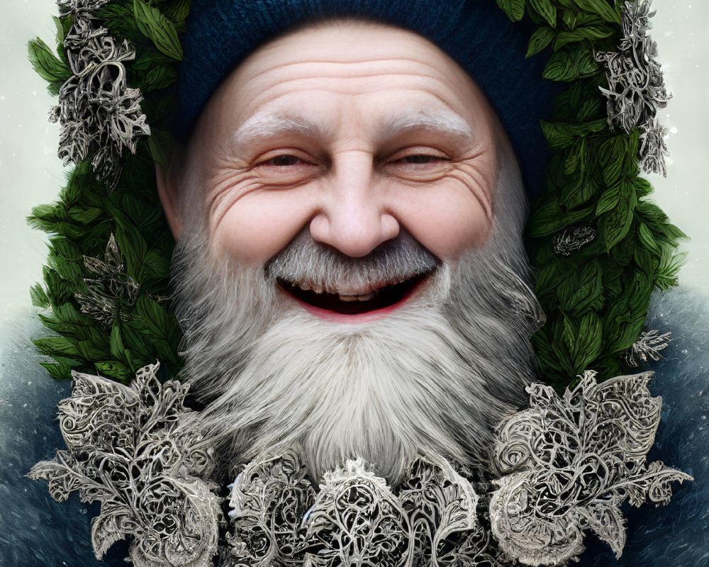Elderly man in blue beanie with lace and foliage frame