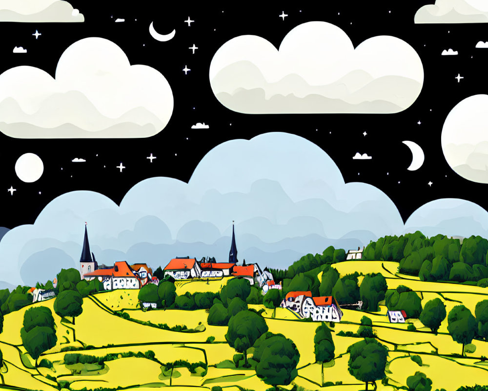 Illustrated nighttime village scene with crescent moon and starry sky