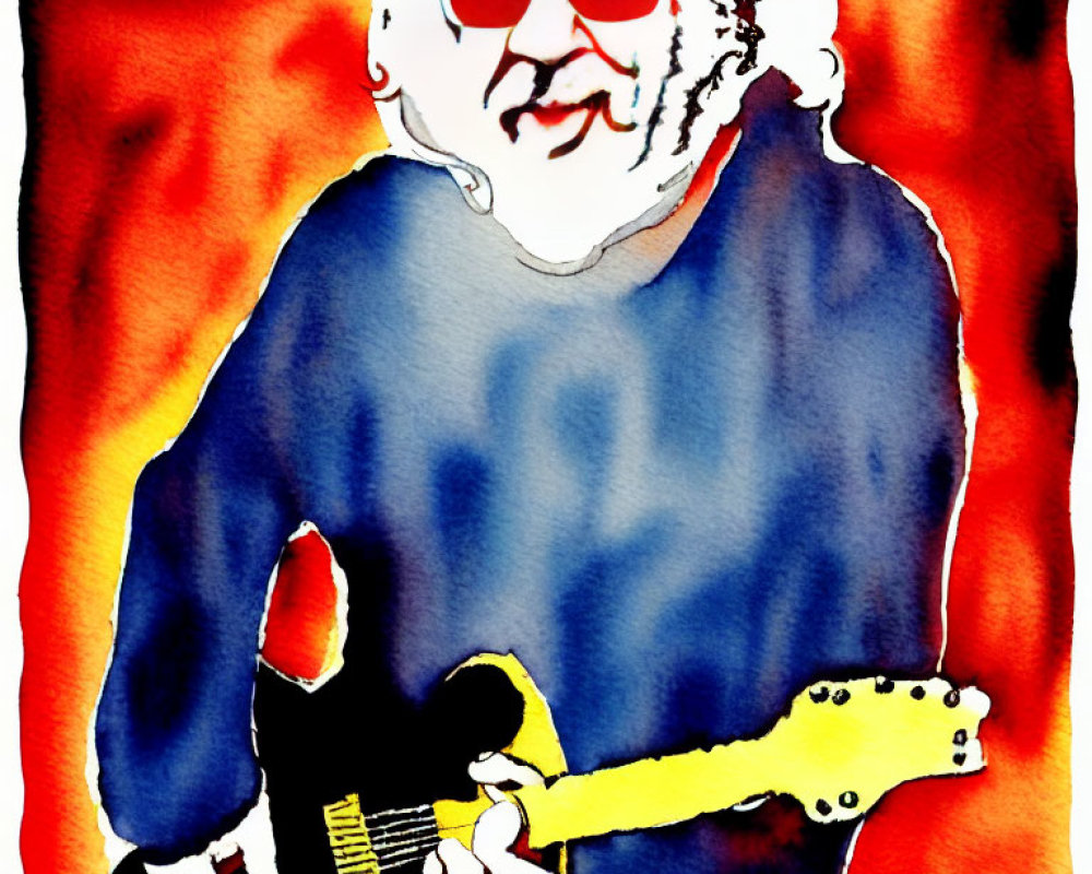 Vibrant watercolor portrait of person with white hair playing guitar