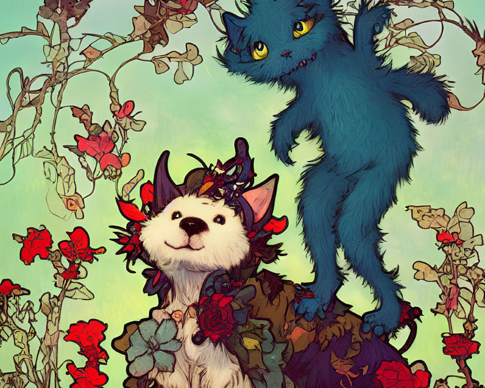 Fluffy white dog with red flowers and green leaves, blue cat in thorny vines on teal background