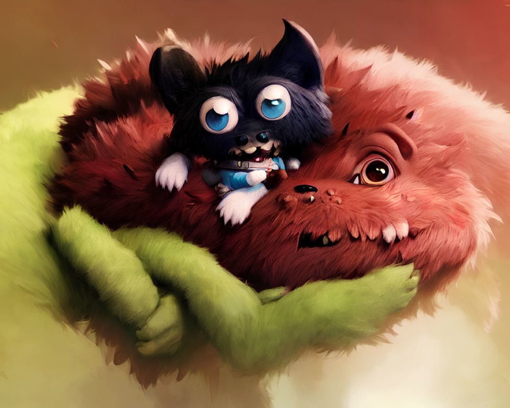 Colorful creatures hugging: blue with big eyes and sharp teeth, red and furry with a surprised