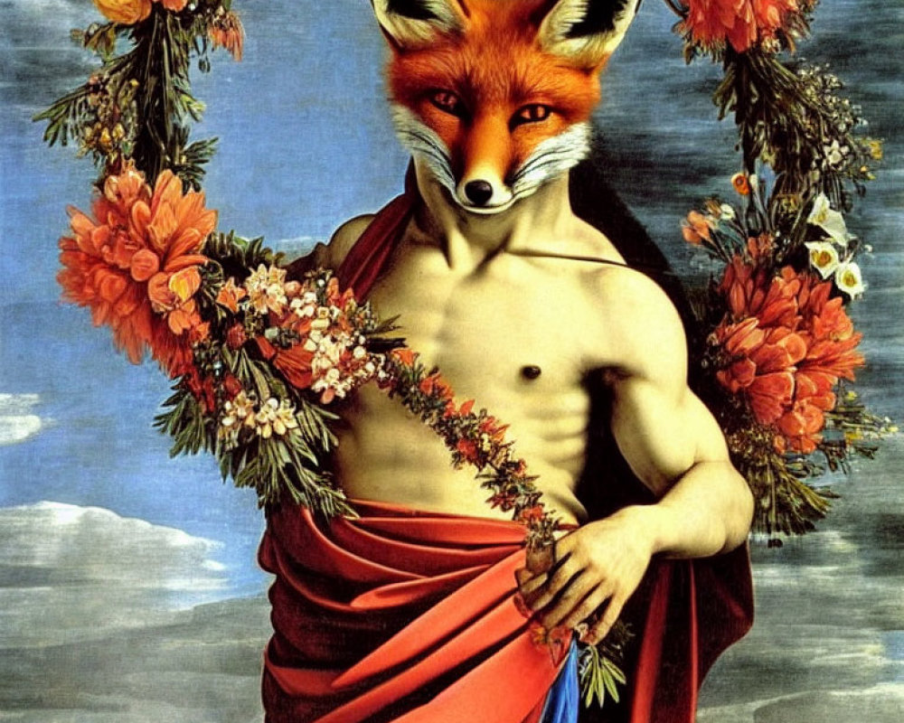 Surreal painting: Human figure with fox head in floral wreath on blue background
