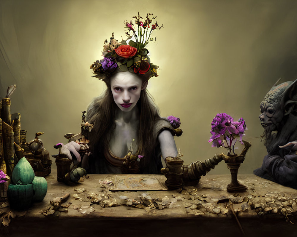 Mystical scene featuring pale woman, goblin creature, candles, map, and purple flowers