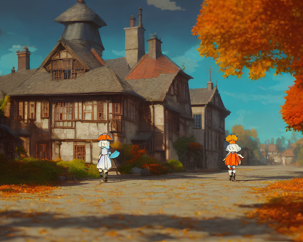 Two girls in aprons and bows stroll in a charming autumn village.
