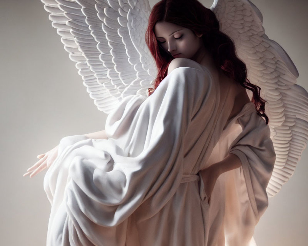 Ethereal figure with white wings and red hair in peaceful pose