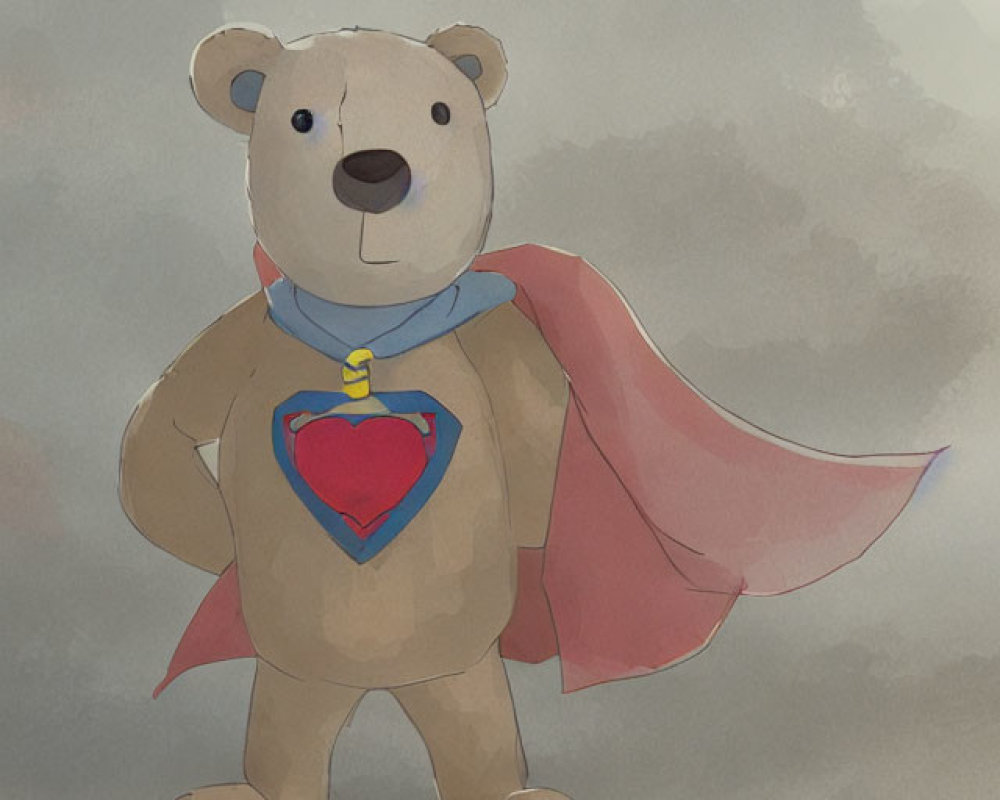 Teddy Bear Drawing with Cape and Blue Scarf on Cloudy Background