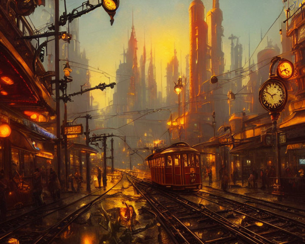 Steampunk cityscape at dusk with tram, ornate street lamps, shop signs, Victorian buildings