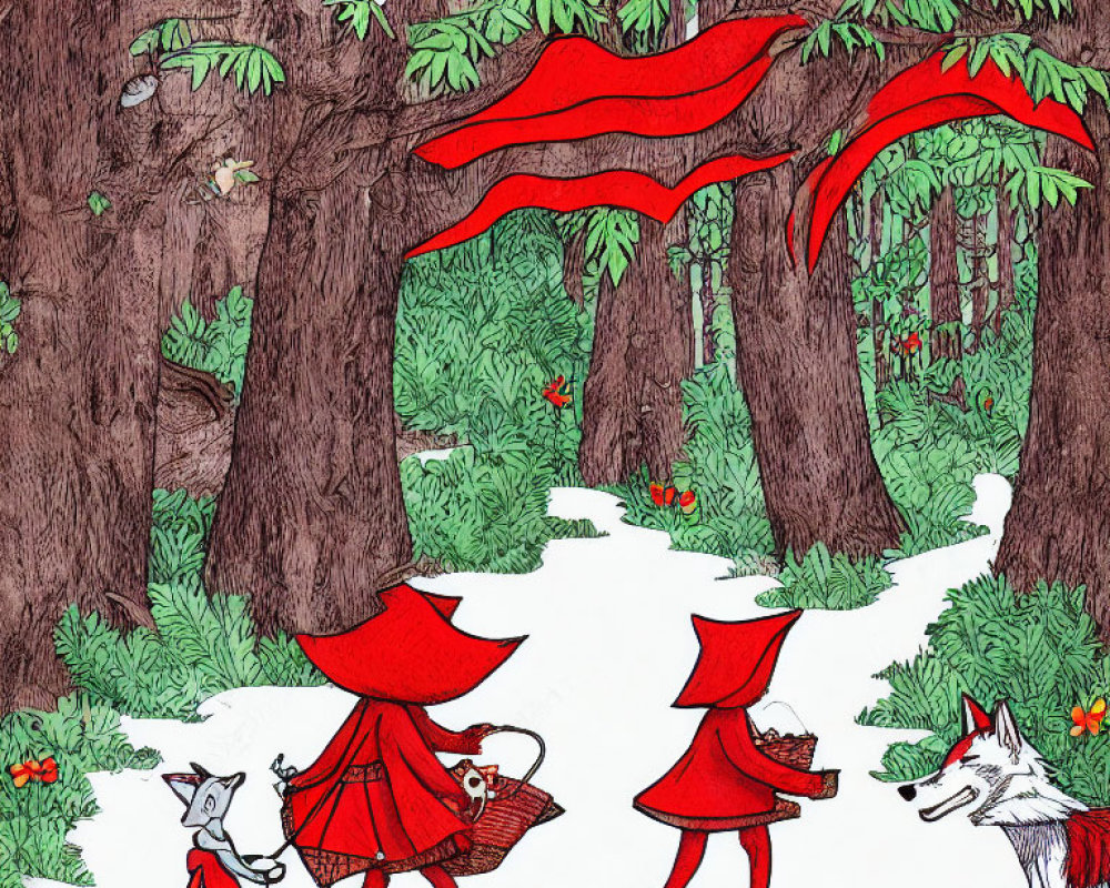 Illustration: Little Red Riding Hood and wolf in dense forest with red banners