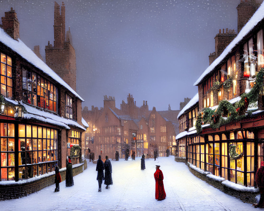 Snowy Evening Scene: Historic Buildings, People Walking, Warm Lights
