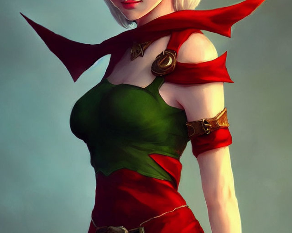Illustration of female elf with pointed ears, blue eyes, green & red outfit, gold bracers