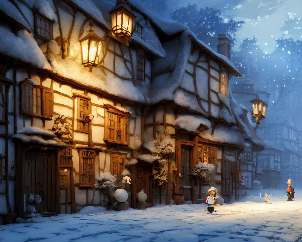 Snow-covered village street at dusk with glowing lanterns and child building snowman