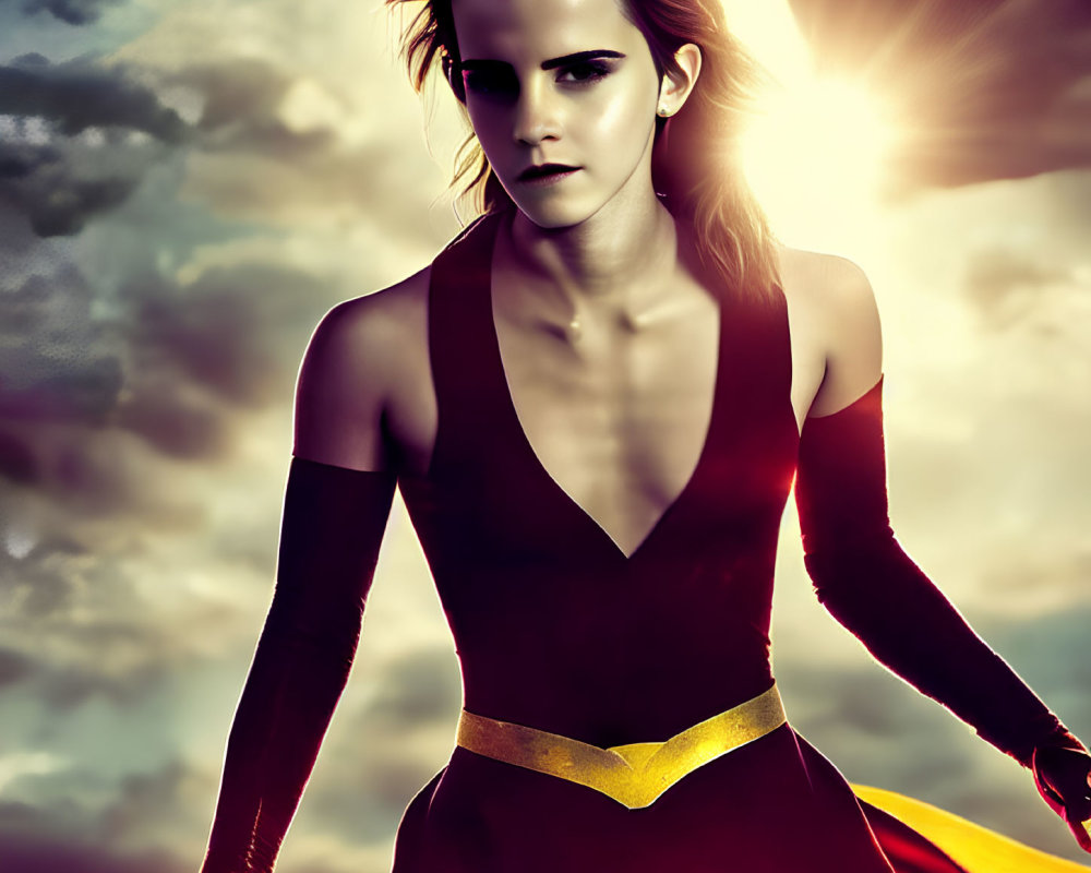 Confident woman in superhero costume under dramatic sky
