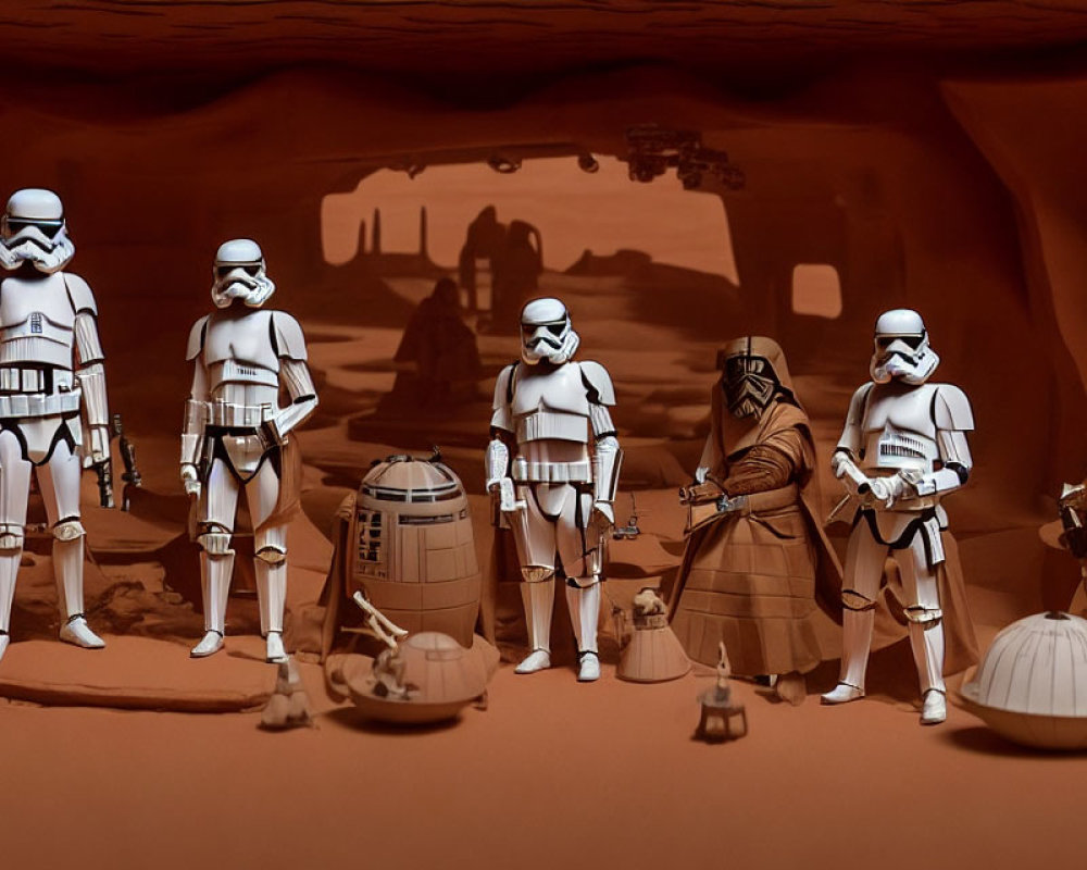 Stormtroopers and character in cape in desert setting with silhouettes