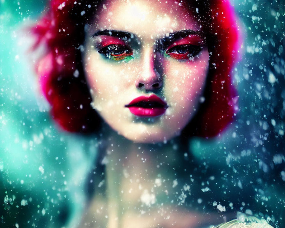 Digital artwork: Woman with red hair and eyes in falling snowflakes.