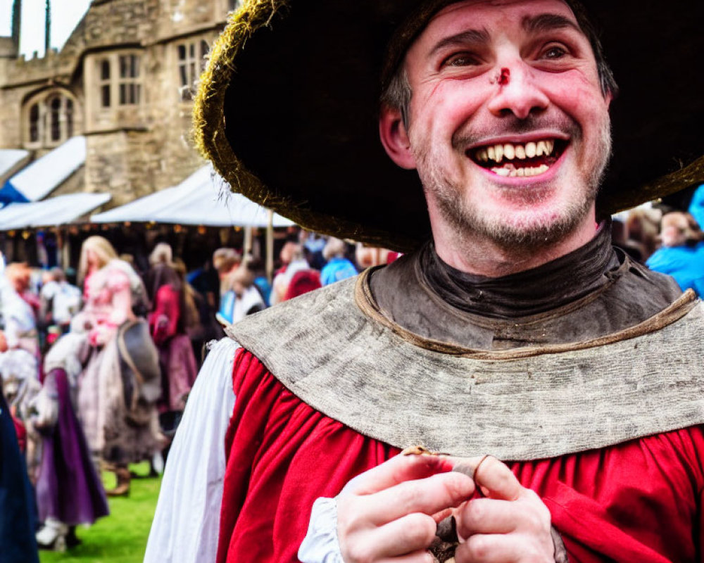 Smiling man in historical costume at crowded outdoor event