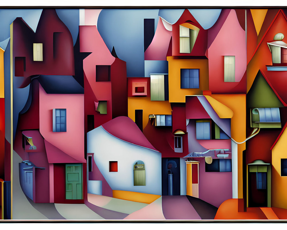 Vibrant painting of whimsical village with abstract, curved buildings