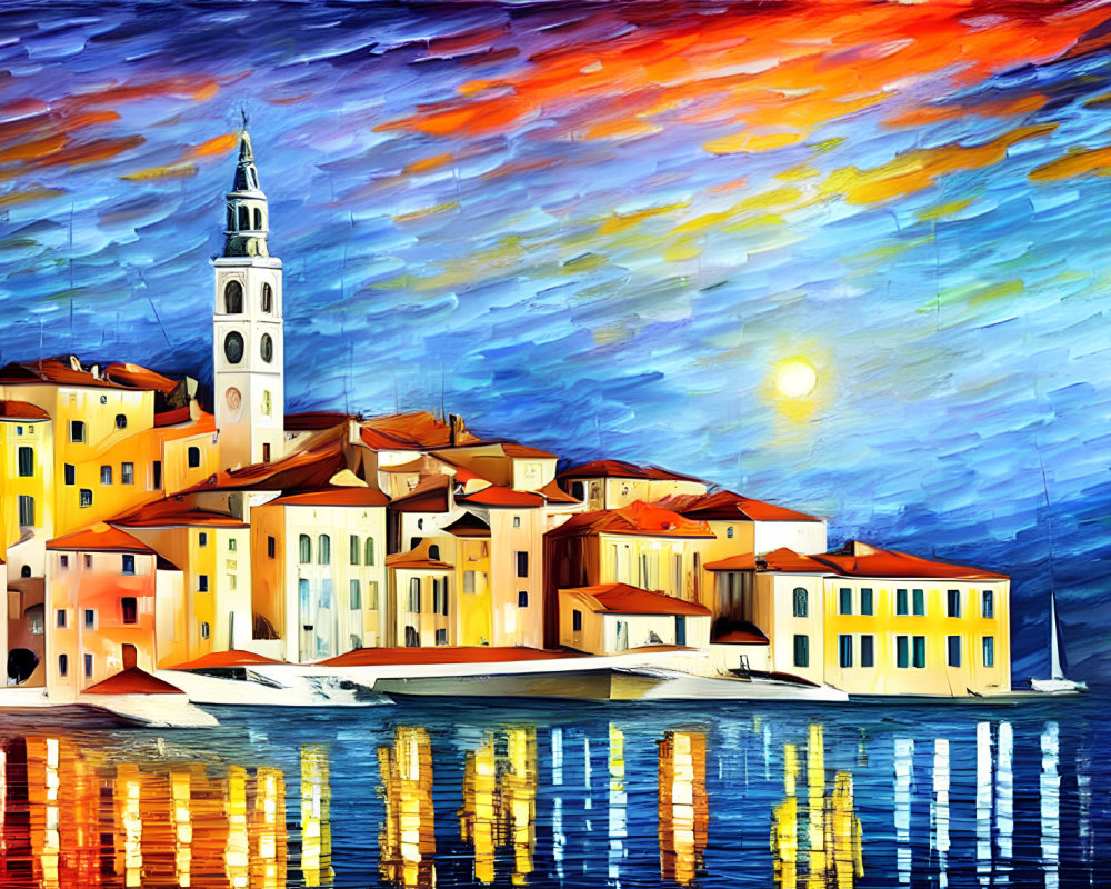 Colorful Coastal Town Sunset Painting with Reflective Water & Dramatic Sky