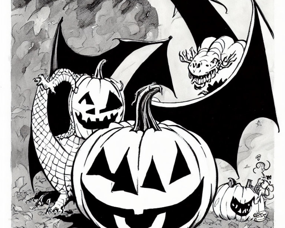Monochrome Halloween illustration with jack-o'-lantern, dragon, bat, and pumpkins