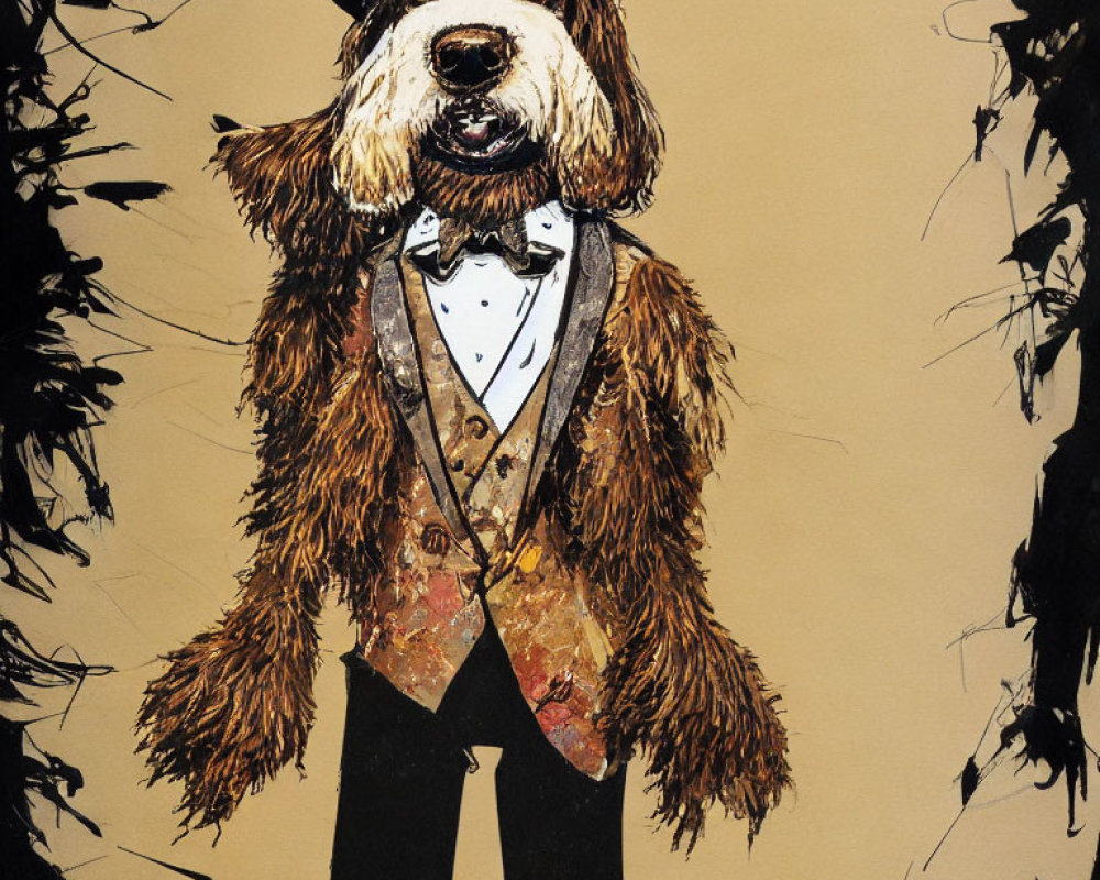 Dog in Suit with Human Features on Beige Background