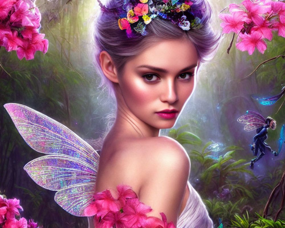 Illustration of fairy woman with delicate wings in lush foliage.
