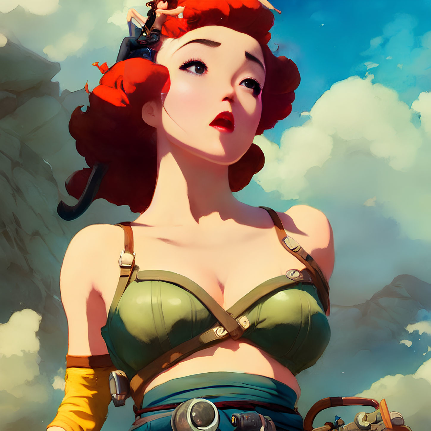 Red-haired woman with victory rolls and octopus headpiece in retro outfit against cloudy sky