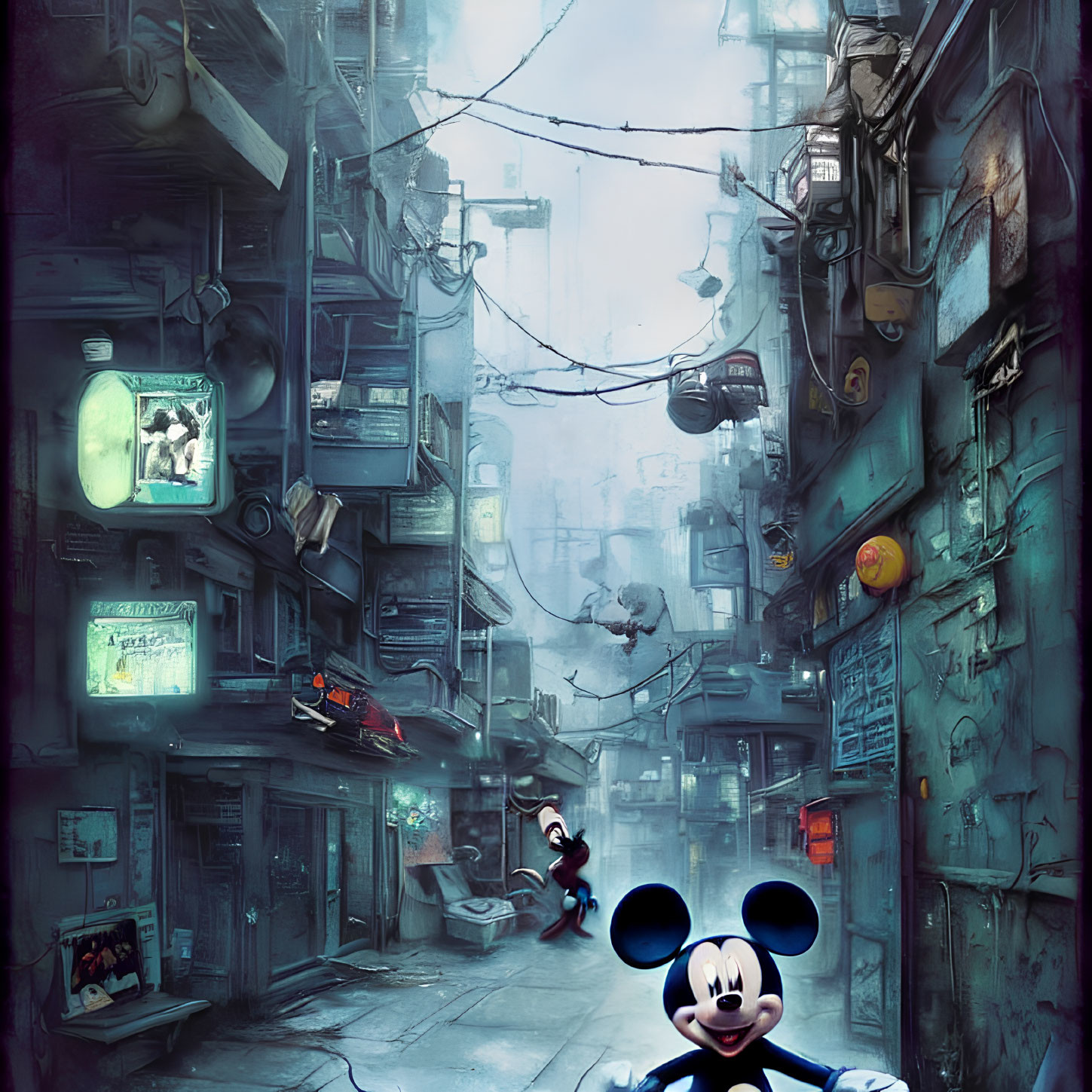 Futuristic urban alley with neon signs and stylized Mickey Mouse