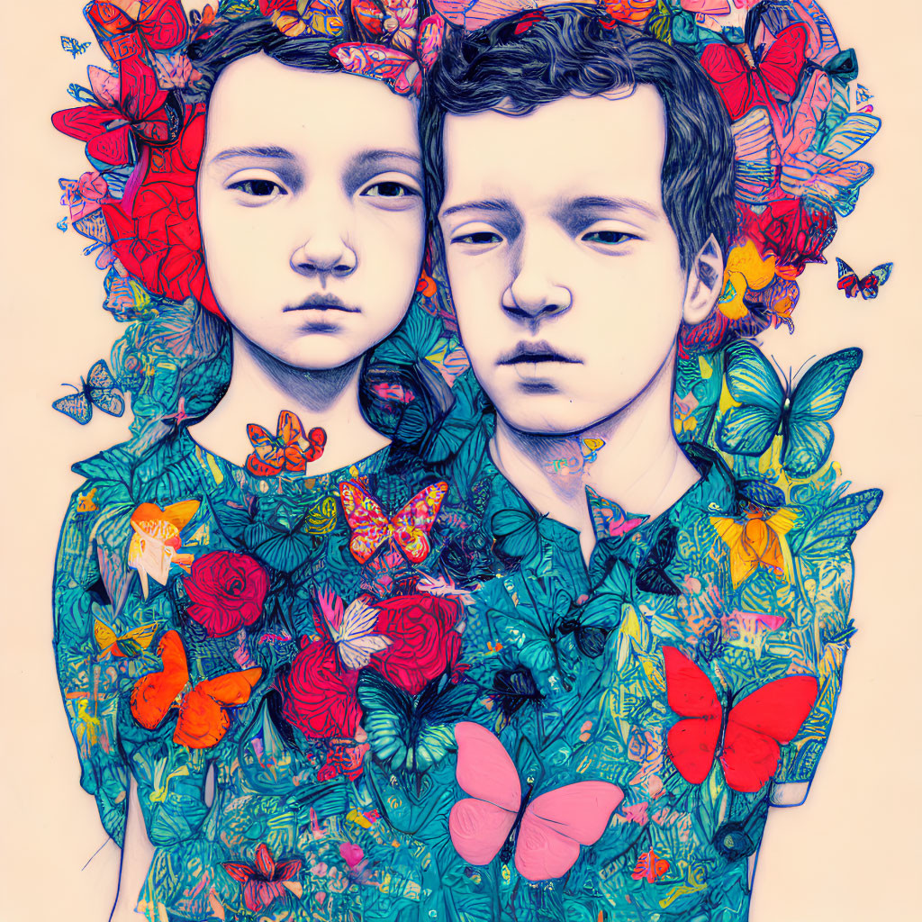 Symmetrical floral and butterfly portraits in vibrant colors