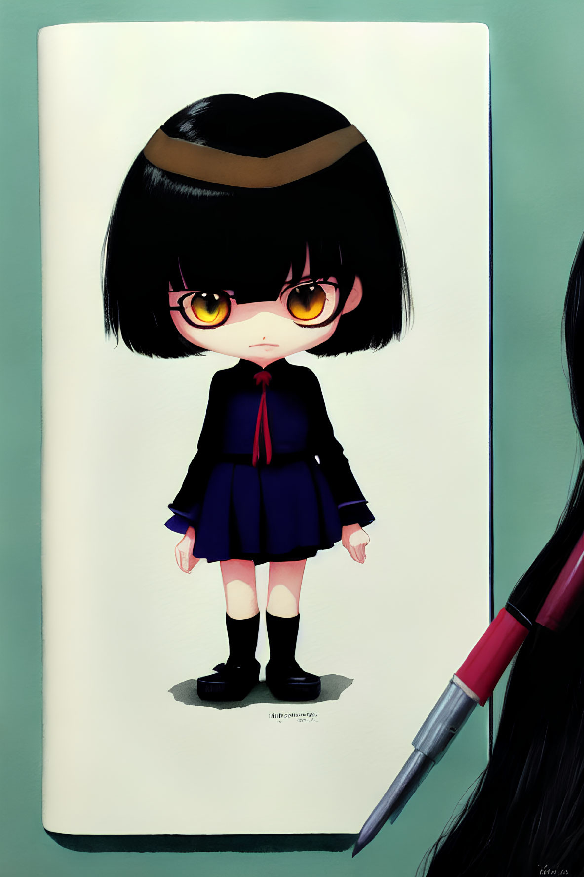 Stylized girl illustration with large eyes and black hairclip