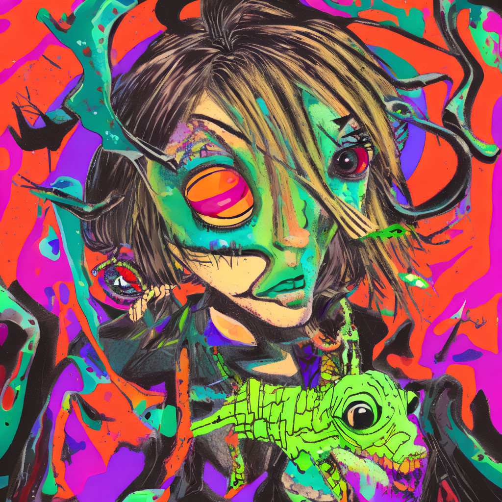 Colorful abstract art: stylized character with mismatched eyes and small green creature