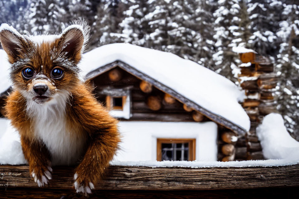 Whimsical fluffy creature resembling a fox on snowy ledge