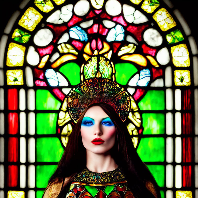 Woman with ornate headdress and striking makeup in front of colorful stained-glass window