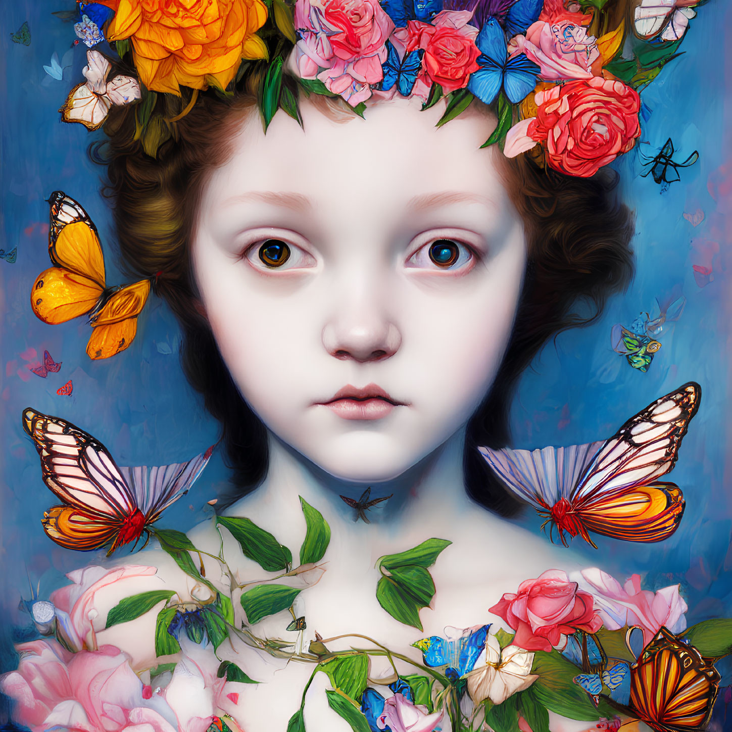 Colorful surreal portrait of young girl with expressive eyes and floral crown, surrounded by vibrant butterflies on blue